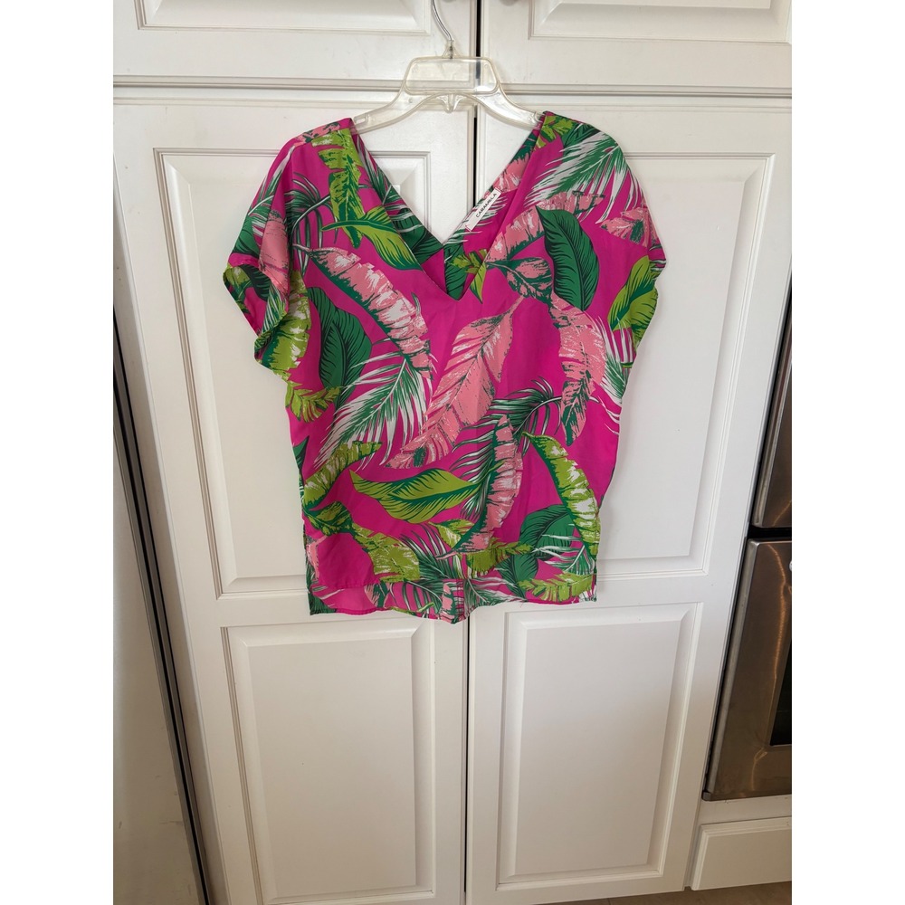 Caramela Women Pink Green Tropical Leaf Print V-Neck Short Sleeve Blouse Top